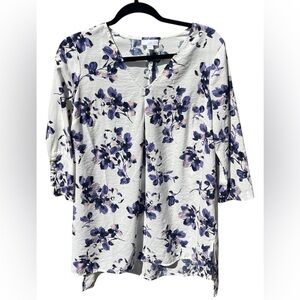 J.Jill Floral Tunic Top 3/4 Sleeve Purple & White Size Small